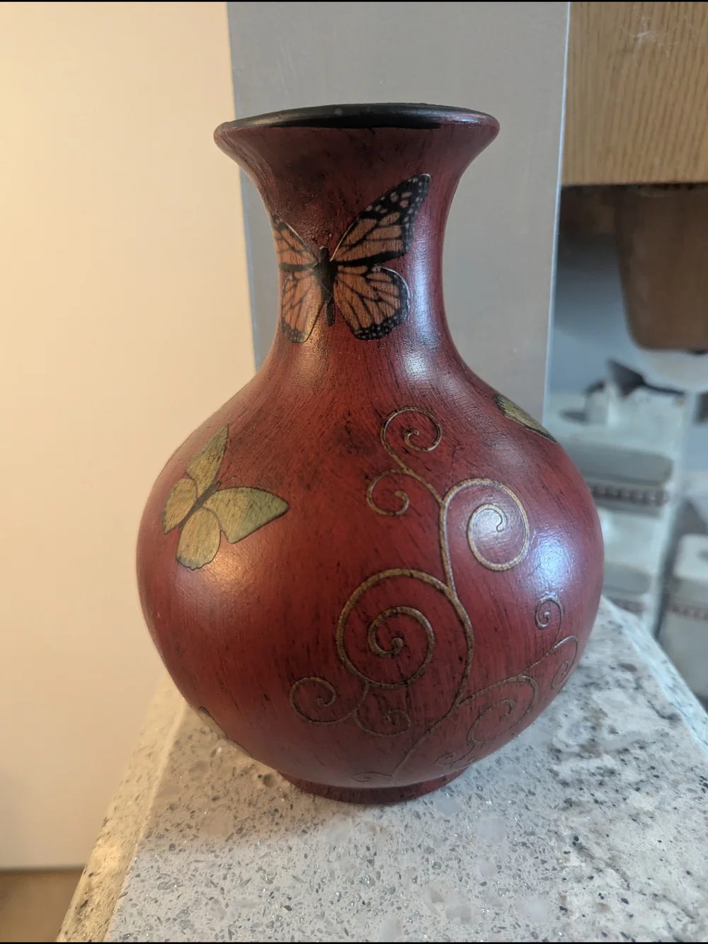 Vintage 90's Fat Belly Ceramic Vase Hand Painted Decoupage Butterflies BOHO